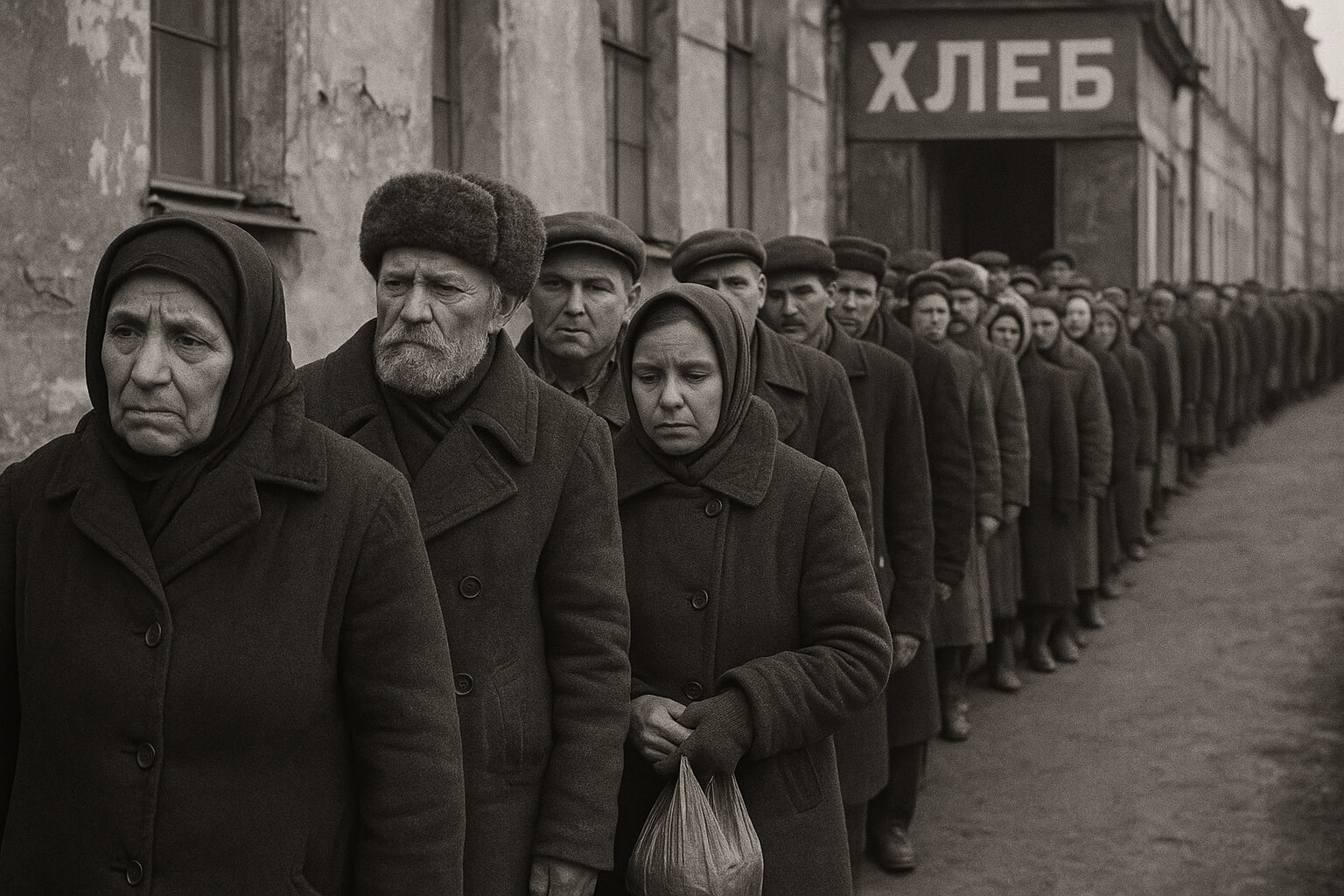 تصویری از مردم شوروی که تحت یک نظام کمونیستی برای خرید نان باید ساعت‌ها در صف منتظر بمانند.
