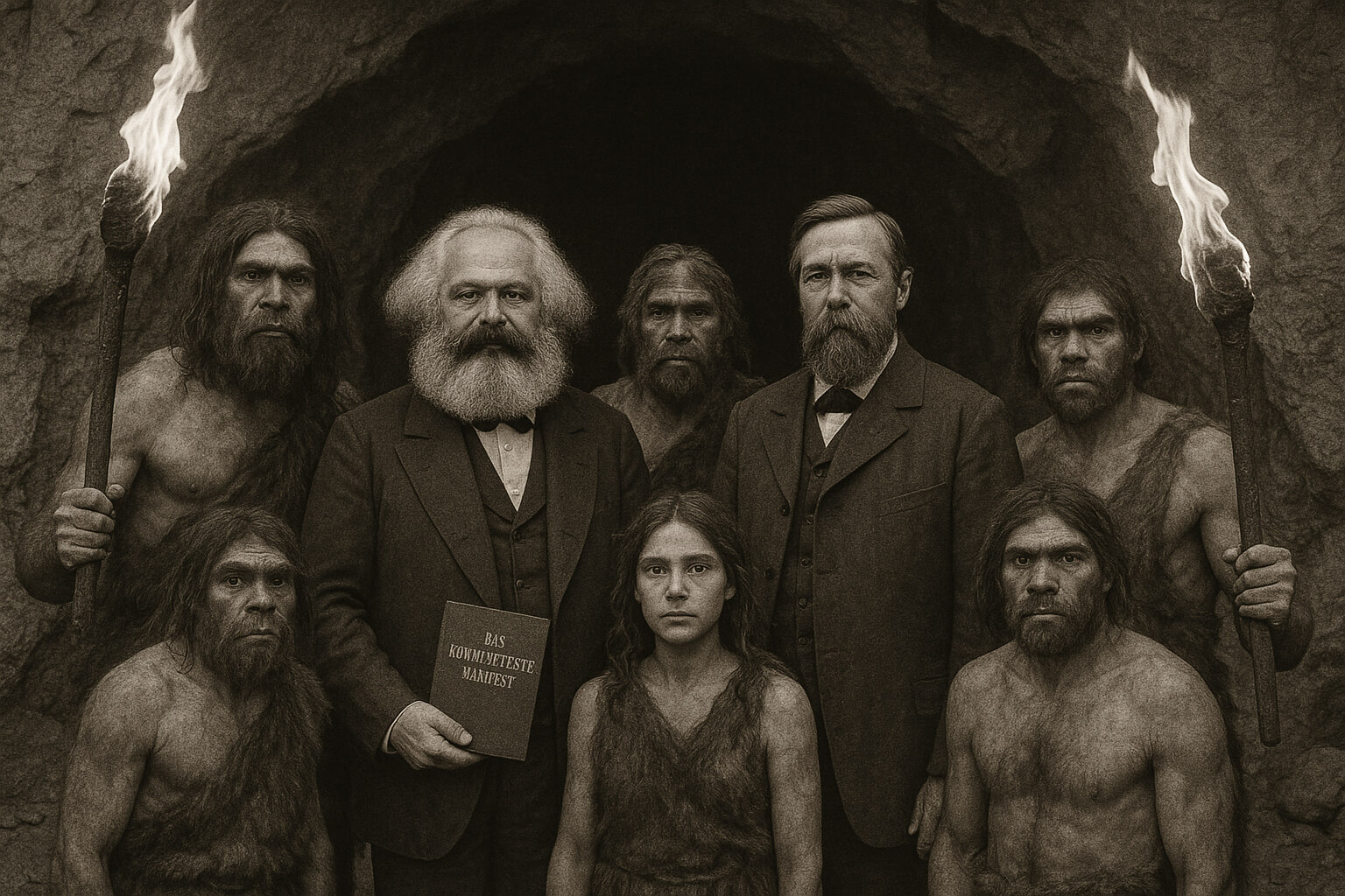 تصویری از مارکس و انگلس، بنیان‌گذاران مکتب فکری کمونیسم کنار انسان‌ها اولیه در دهانه‌ی یک غار