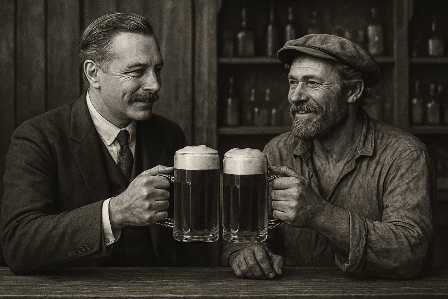 تصویری از یک کارگر و یک سرمایه‌دار در کنار هم که با شادی با هم در حال آبجوخوردن هستن و برابری در یک سیستم کمونیستی رو نشون میده.