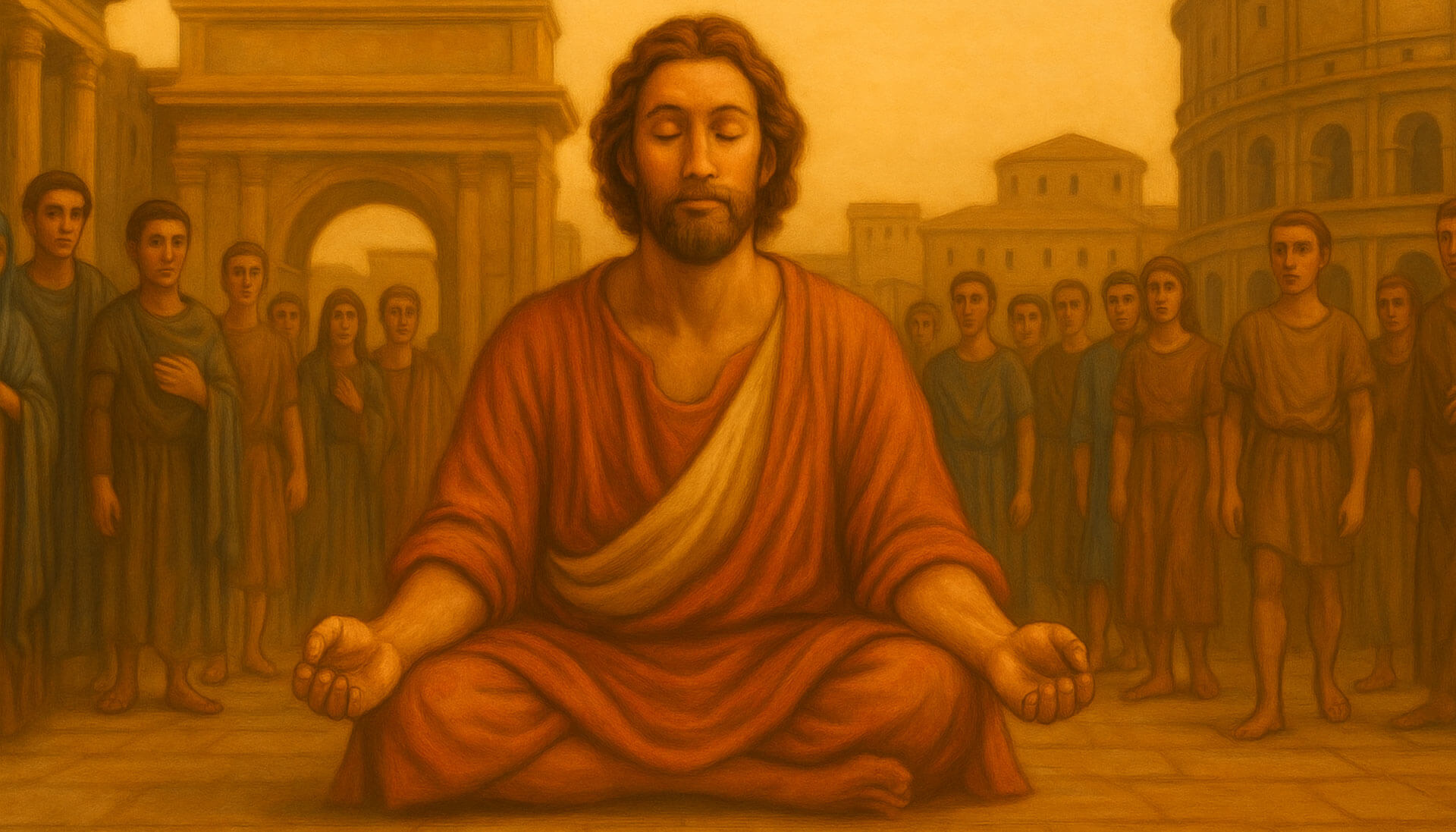 تصویری از یک مرد رنسانسی به سبک نقاشی که به حالت آرام و مدیتیشن در میانه‌ی یک میدان شلوغ در روم باستان نشسته