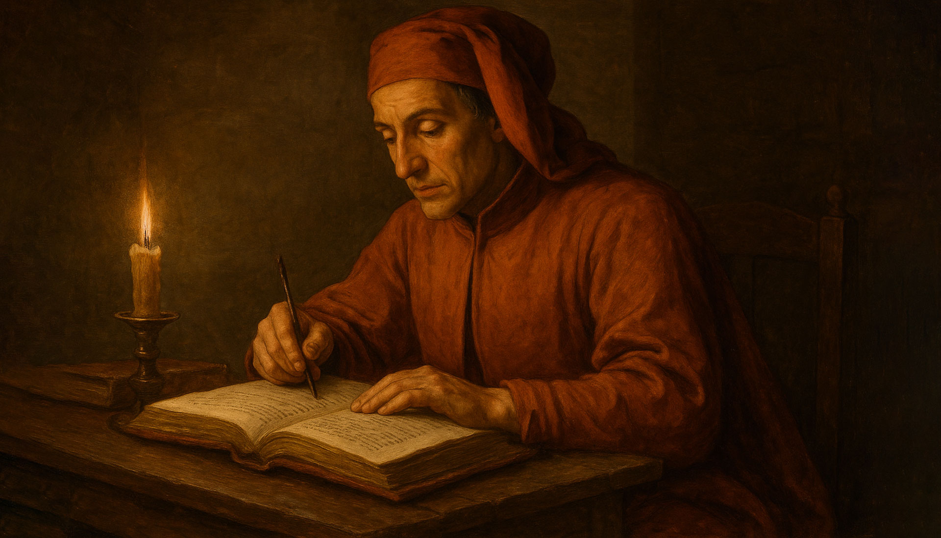 مردی رنسانسی در حال هدف گذاری روی کاغذ در حالی که شمعی در کنار خود روشن است.