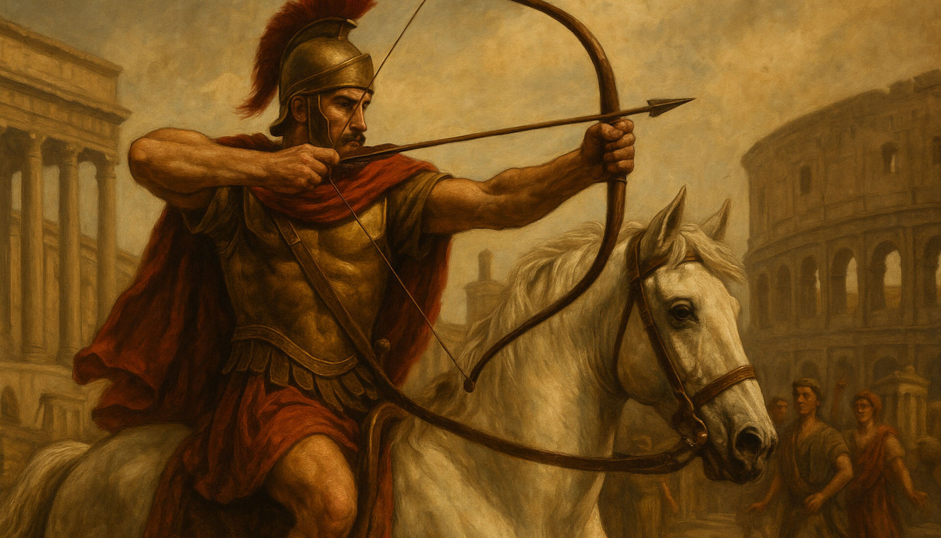 تصویری از یک سرباز رومی که کمانش را به سمتی هدف گرفته است.