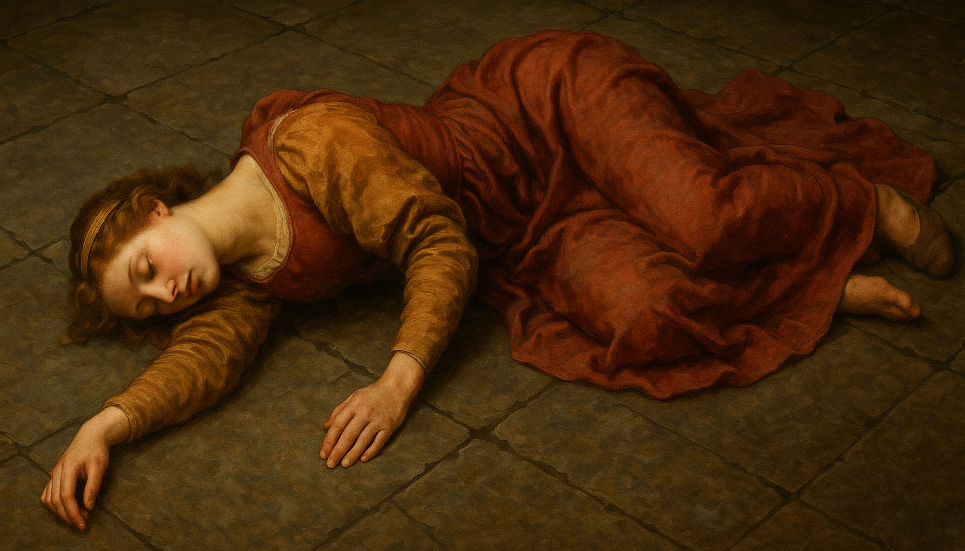 زنی رنسانسی که از خستگی روی زمین افتاده و به خواب رفته