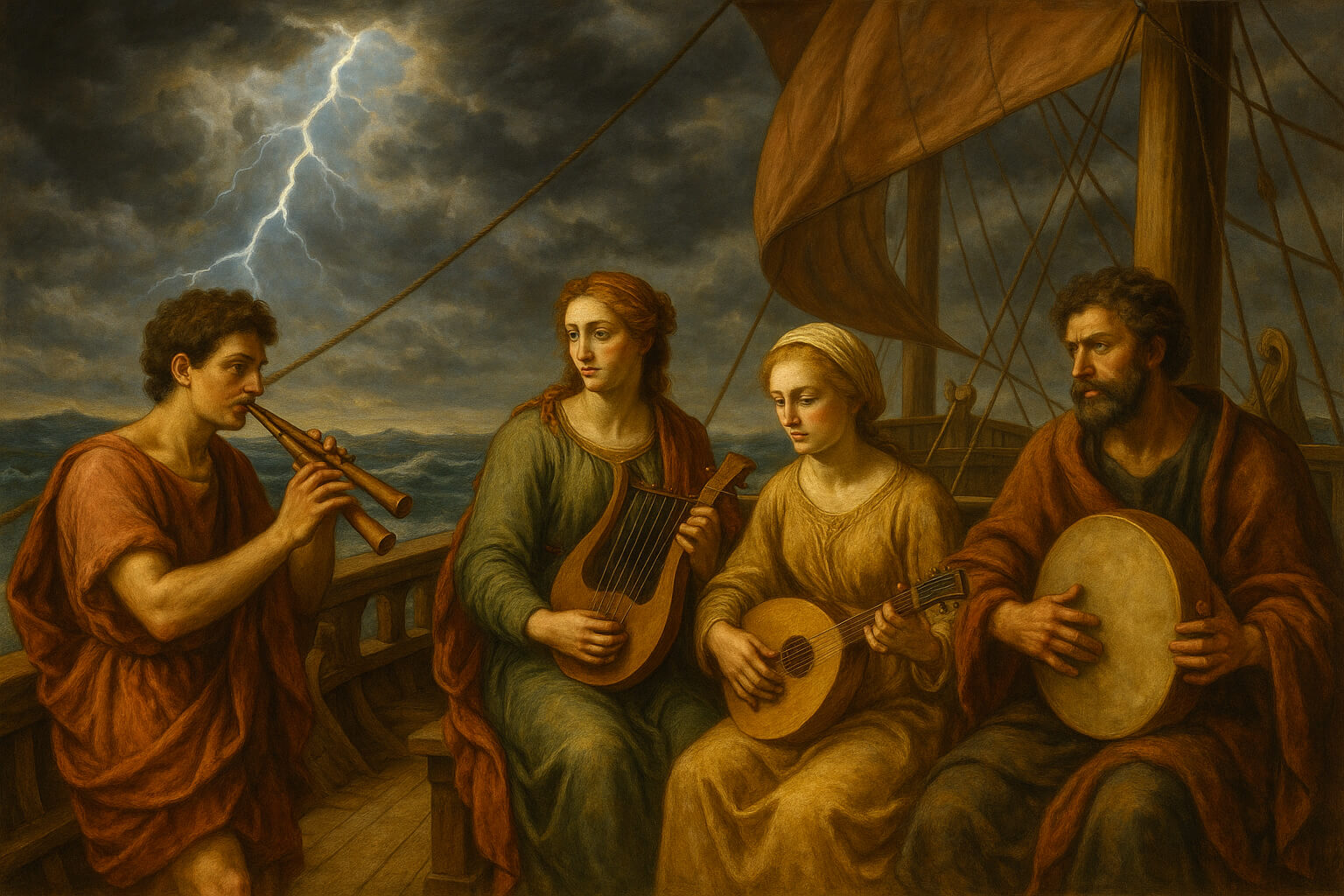 نوازنده‌های موسیقی روی عرشه‌ی یک کشتی باستانی که هنر را به نمایش می‌گذارند.